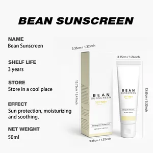 Dettaglio che mostra le dimensioni della crema solare Bean con informazioni SPF50+.
