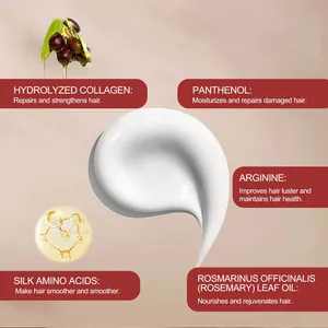 Detailed view showing creamy hair mask texture with key ingredients like collagen and oils