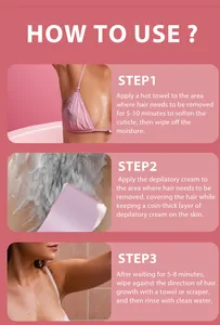 Three-step usage guide for gentle depilatory cream showing application and removal
