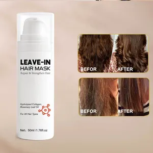 Detail showing leave-in hair mask bottle and before/after hair repair results