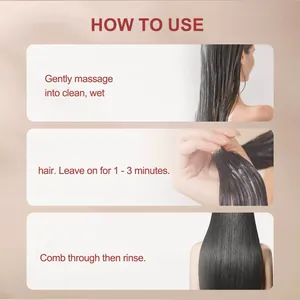 Detailed usage instructions for moisturizing hair mask showing three steps for smooth hair