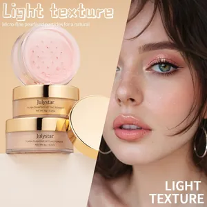 Close-up of pearlised setting powder with model demonstrating shimmering makeup effect.