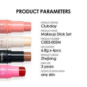 Close-up detail of 4-piece matte blush, highlighter and contour makeup stick set