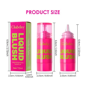 Detailed size specifications for the Clubday 7.3ml liquid blush and its packaging box.
