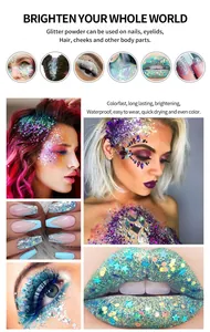 Detailweergaven van iriserende lichaamsglitters op ogen, lippen en haar voor festivals.