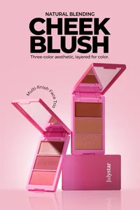 Detailed view of the Julystar 3-in-1 multi-finish face trio blush palette with pink case