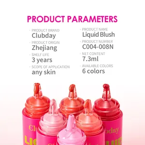 Close-up of vibrant liquid blush bottles showing various shades and detailed product parameters