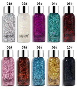 Set van 10 levendige holografische glittergels voor lichaam en gezicht voor festival-makeup.