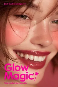 Macro detail of radiant pink shimmery liquid blush effect on a smiling model's face