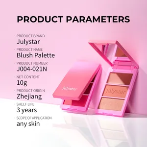 Macro detail view showing three shades of Julystar blush palette with product parameters list