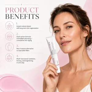 Detail view of model holding PDRN Volume fill-it face cream for hydration and anti-aging benefits