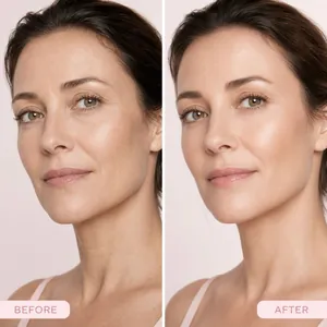 Side-by-side before and after comparison of PDRN lifting cream skin results