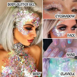 Varie applicazioni di gel glitter olografico su viso, occhi, unghie e corpo per trucco festa
