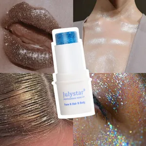 Detailed view of blue glitter stick applied to face, hair and body for stage makeup