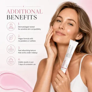 Model holding PDRN Volume fill-it Booster Creme highlighting skincare benefits on pink background