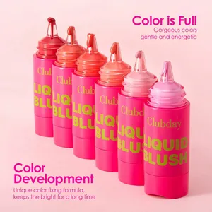 Close-up of shimmery liquid blush set in six vibrant shades featuring precise dropper tops