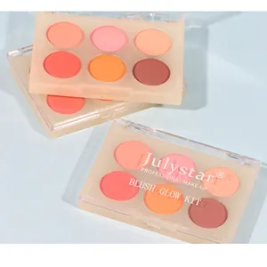 Détail d'une palette de blush mat à 6 couleurs aux tons corail et rose chaleureux