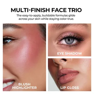 Detailed view of a multi-finish makeup trio showing blush, eye shadow, and lip gloss.