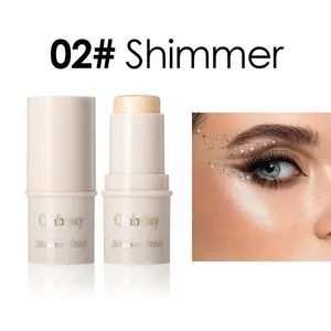 Close-up of shimmer stick highlighter on skin with sparkling rhinestone eye makeup