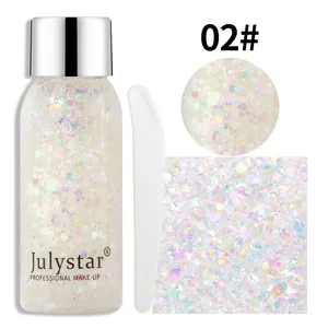 Detailweergave van Julystar iriserende grove lichaamsglittergel met witte applicator