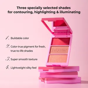 Close-up of professional 3-in-1 pink makeup palette for contouring and highlighting