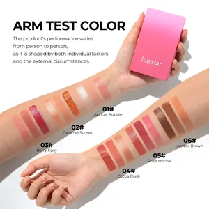 Arm swatches of six natural waterproof cream blush shades including Rose Mocha and Amber Brown