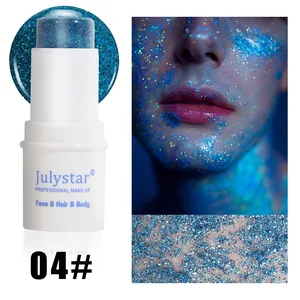 Detailed view of Julystar blue glitter stick for face, hair, and body makeup application
