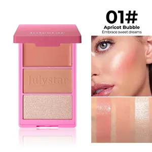 Detailed view of Julystar 01# Apricot Bubble 3-in-1 blush palette including swatches