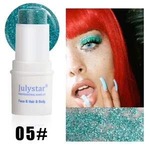 Teal blue glitter makeup stick for face and body shown on model and packaging.