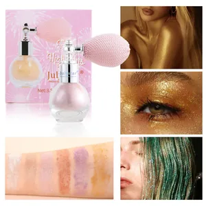 Spray illuminateur professionnel avec pompe rose et divers échantillons de paillettes corps