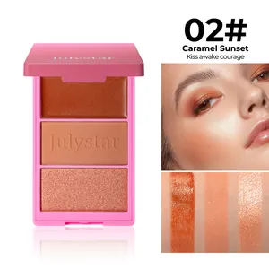Detail view of 3-in-1 blush palette with Caramel Sunset swatches and model look