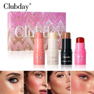 Set of blush, shimmer, and contour sticks with close-up makeup effects on models