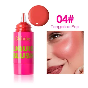 Detailed view of Tangerine Pop liquid blush swatch and application on cheek