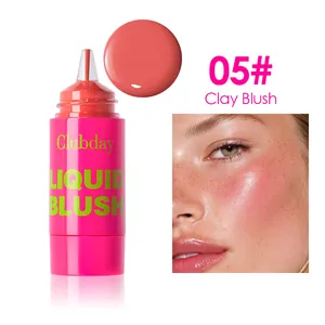 Close-up detail of 05# Clay Blush shimmer liquid blush applied on model's cheek