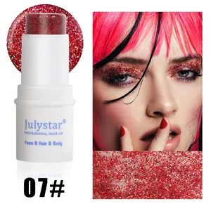 Macro detail of 07# red glitter stick with texture and professional makeup look.