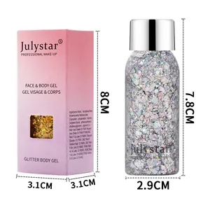 Gedetailleerde afmetingen van Julystar gezicht en lichaam glitter gel en roze doos