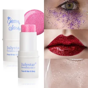Detailed view of Julystar pink glitter stick applied to eyes, lips, and body for stage makeup