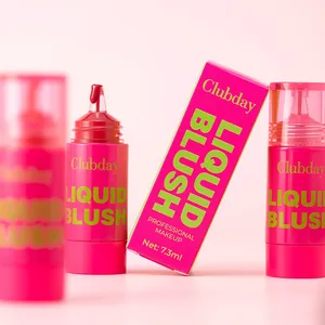 Detailed view of pink pearlescent liquid blush bottle and professional neon box packaging