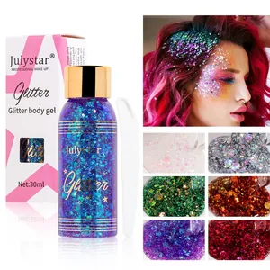 Gel glitter Julystar 30ml per viso e capelli, trucco scenico con campioni di colore.