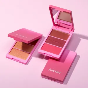 Detailed view of 3-in-1 blush palette showing cream and powder textures in pink case