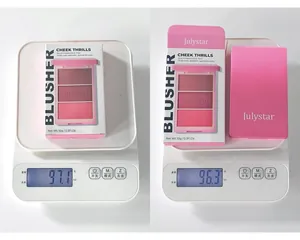 Detail view showing the Julystar blusher palette being weighed on a digital scale.