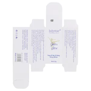 Detailed packaging layout of Julystar professional glitter stick for face and body.