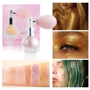 Spray illuminante glitterato per corpo e viso con pompetta rosa ed esempi di applicazione