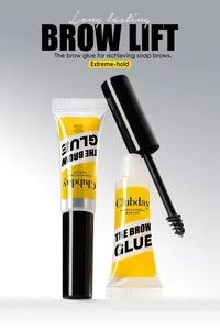 Professional macro view of Clubday clear brow glue tube and applicator brush for soap brows
