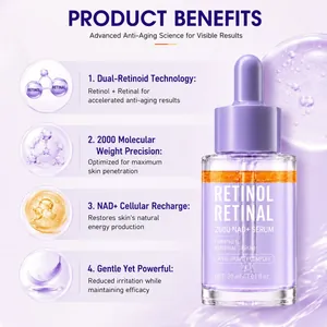 Anti-aging serum detailing dual-retinoid technology and NAD+ cellular skin recharge.