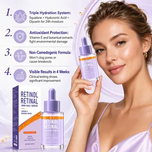Retinol Retinal 2000 NAD+ Serum bottle and box held by a model showcasing skin benefits.