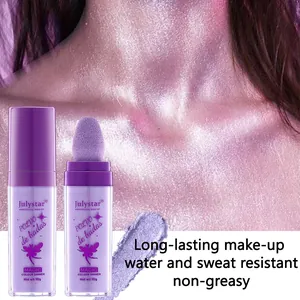 Detailed view of purple fairy highlighter powder with sponge applicator and shimmering skin effect