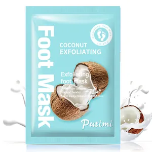 Detail view of coconut exfoliating foot mask sachet with fresh coconut milk splash