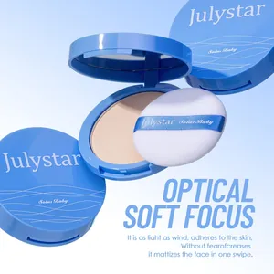 Vue détaillée du poudrier matifiant Julystar avec houppette et miroir de maquillage