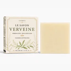 Gentle verbena body soap with cardboard packaging and 100ml cream soap bar